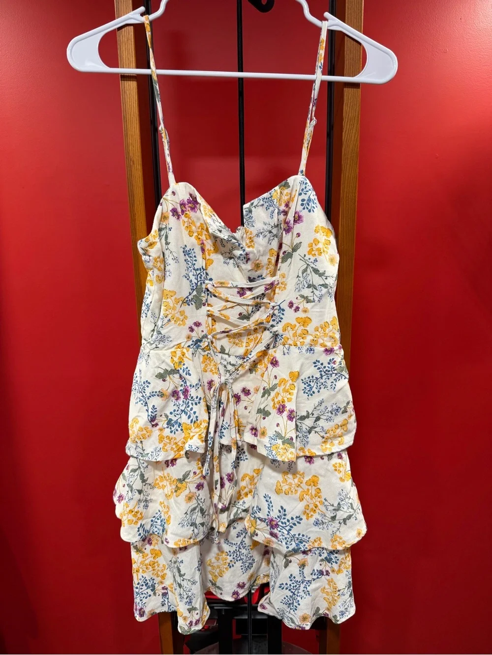 Trixxi Floral Tiered Mini Dress Lace Up Front Cottagecore Size Medium - Picture 2 of 7